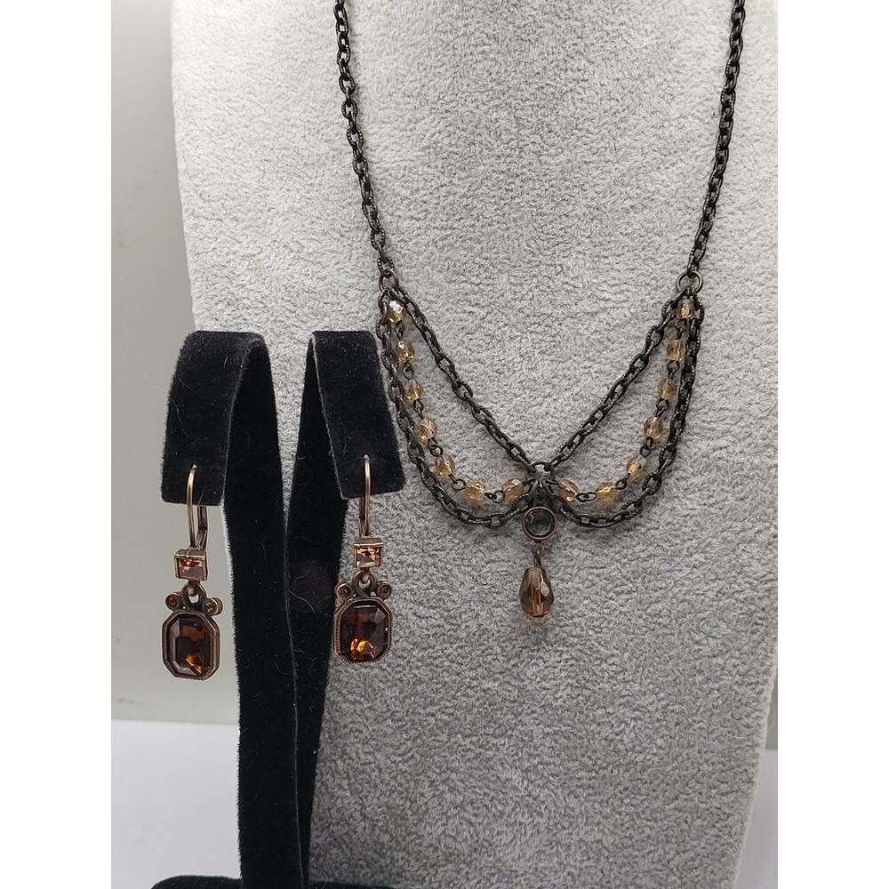 Gunmetal Layered Necklace and Earring Set Amber Glass Beads Fashion Jewelry